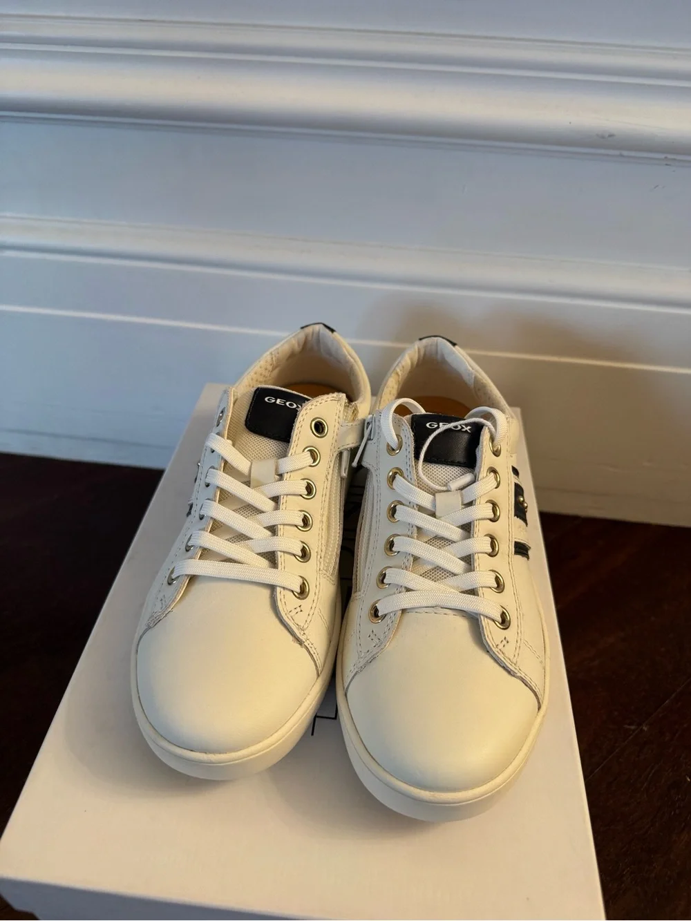 Geox White Sneakers with Navy Stripe Accent